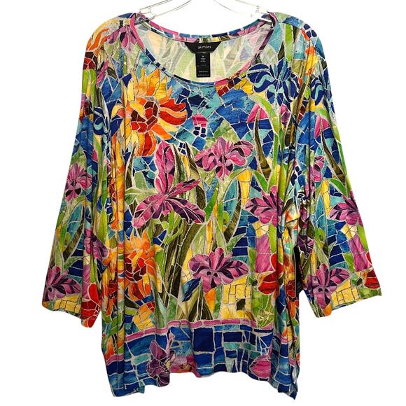 Ali Miles NEW Floral Stained Glass Tee Womens Size 3X Colorful Artsy Knit Top - Picture 2 of 13